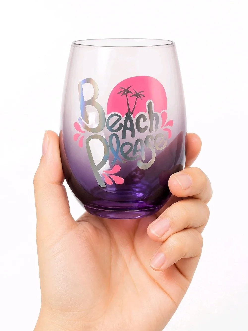 Blush Purple Stemless Wine Glasses w/Mint & Pink Beach Designs (Set of 2) #674